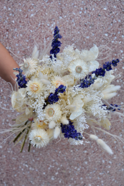 Bouquet de fleurs séchées blanches et bleues